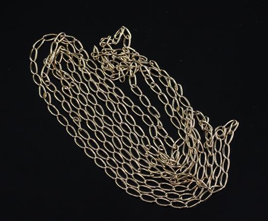 An early 20th century 15ct gold shaped oval link guard chain, 61.5in.